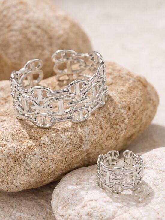unbranded Jewelry - Silver Mariner Pignose Link Chain Open Cuff Bangle Ring Bracelet Set